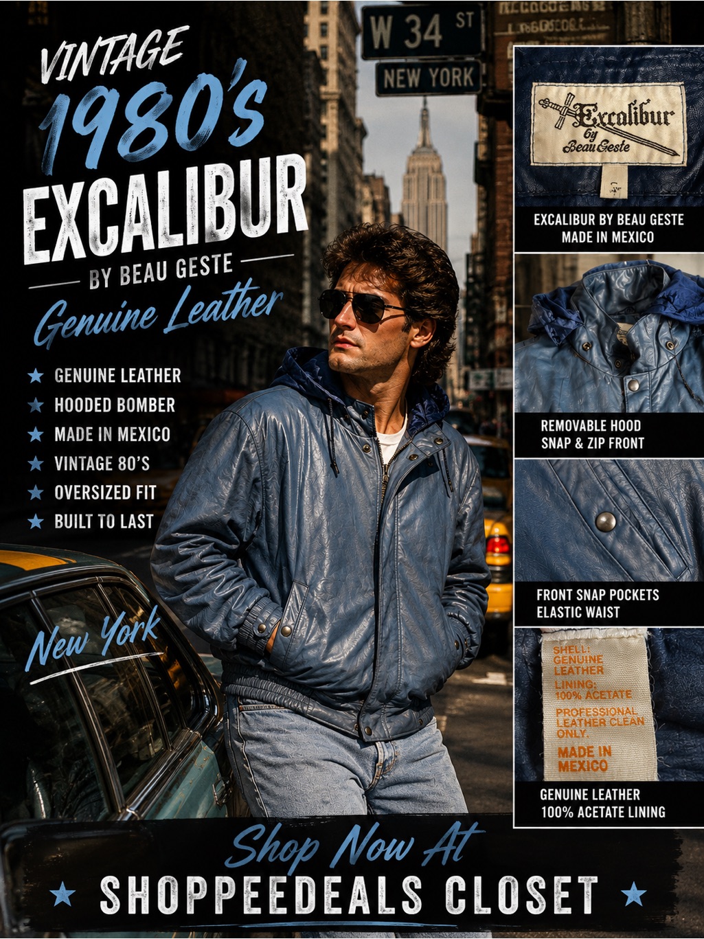 Vintage Excalibur By Beau Geste Blue Genuine Leather Bomber Jacket Hooded Coat